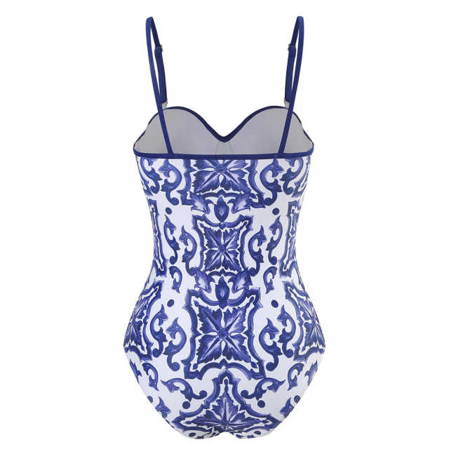 Blue and White Porcelain Printed Steel Boned One Piece Swimwear TQX620045-5