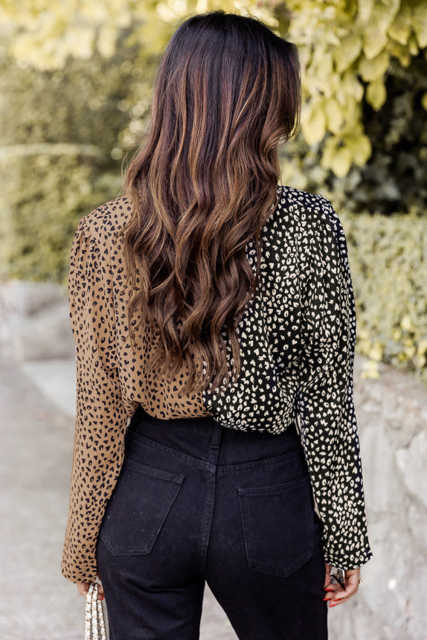 Spliced Leopard Print Wrap Long Sleeve Bodysuit LC6421198-20