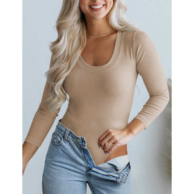 Apricot U Neck Ribbed Long Sleeve Bodysuit TQV220126-18