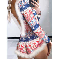 Blue Splicing Feathers Back V Neck Christmas Bodysuit TQX551109-5