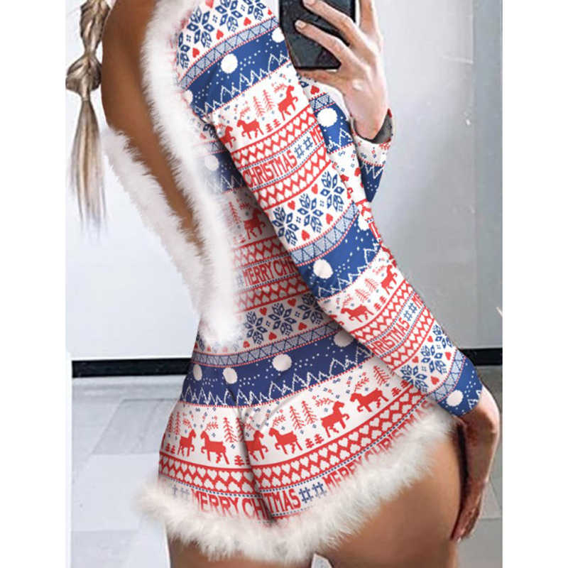 Blue Splicing Feathers Back V Neck Christmas Bodysuit TQX551109-5