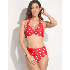 Red Polka Dot Front Twist Halter Bikini Swimsuit TQK610321-3