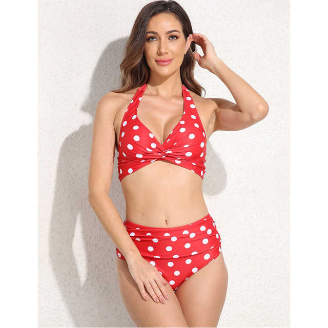 Red Polka Dot Front Twist Halter Bikini Swimsuit TQK610321-3