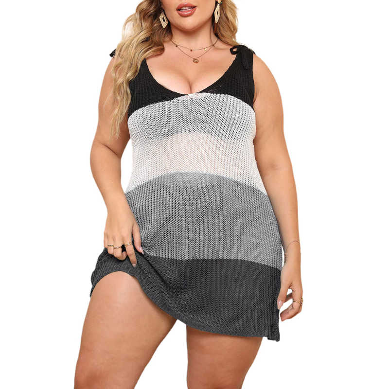 Gray Color Block V Neck Plus Size Beach Cover TQK311423-11