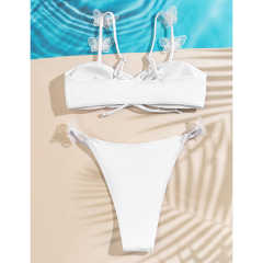 White Shirring Bowknot Front Bikini Set TQK610262-1