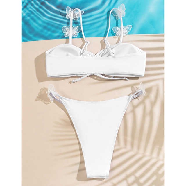 White Shirring Bowknot Front Bikini Set TQK610262-1