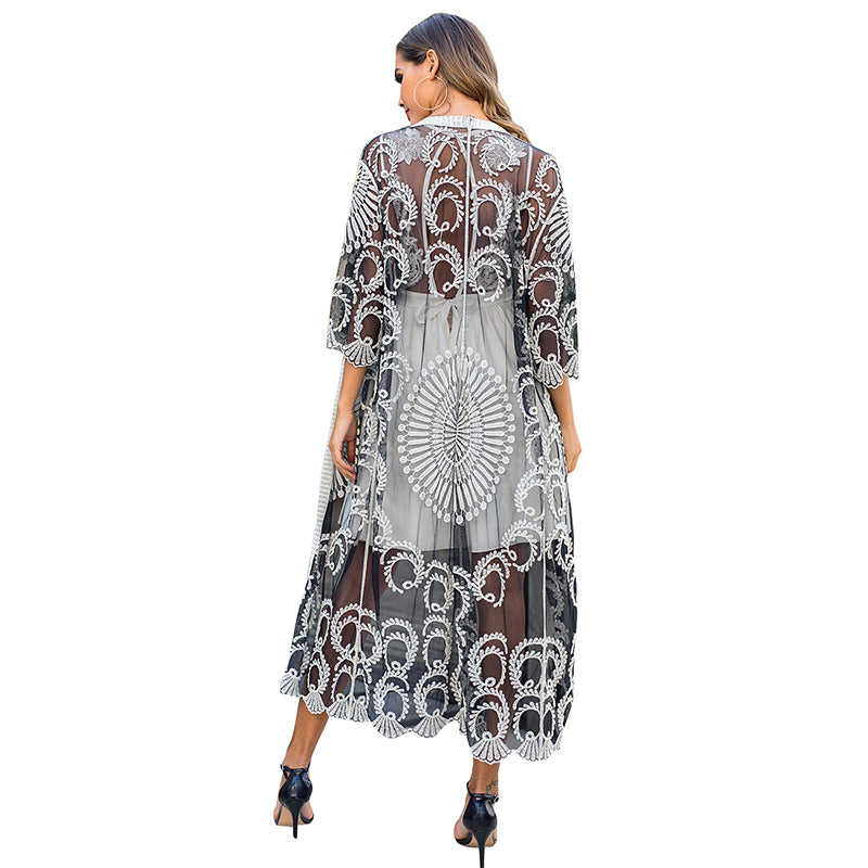 Black And White Mesh Embroidered Holiday Beach Cover Up TQK650041-2