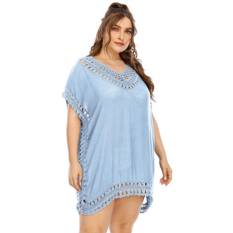 Light Blue V Neck Spliced Beach Cover Up TQK650106-30