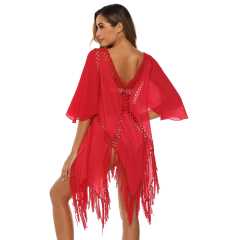 Red Hollow Out Tassel Beach Cover up GJZ00205-3