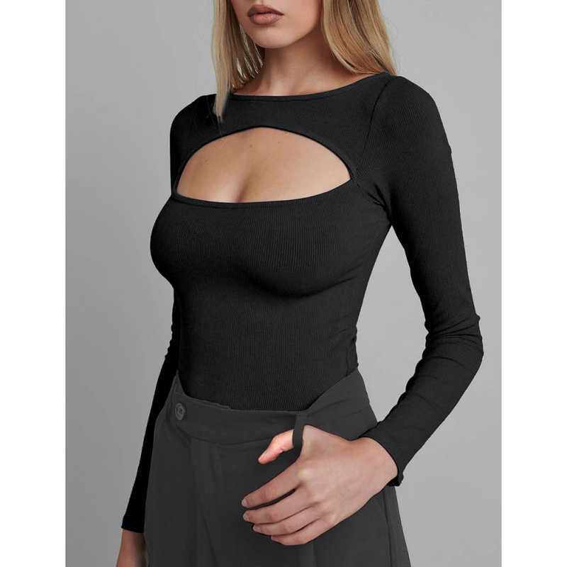 Black Ribbed Cut-out Long Sleeve Bodysuit TQV220110-2