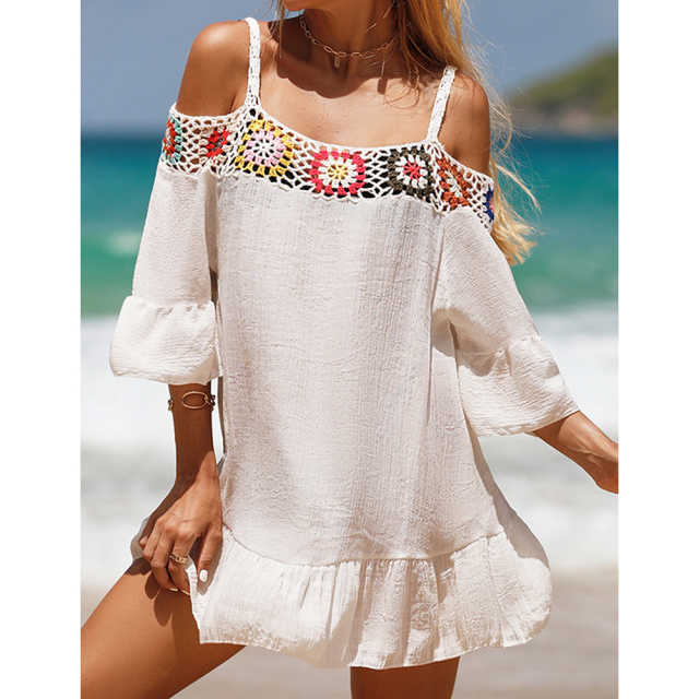 White Cold Shoulder Beach Cover Ups TQK311480-1