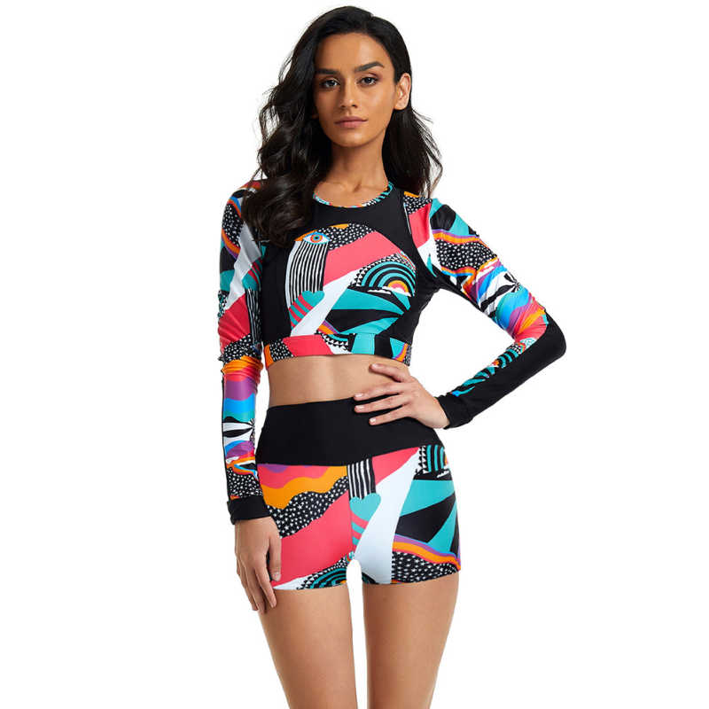 Red Printed Surfing Long Sleeve 2pcs Swimsuit TQK610244-3