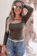 Olive Strappy Hollow-out Scoop Neck Long Sleeve Leopard Bodysuit LC6421125-9