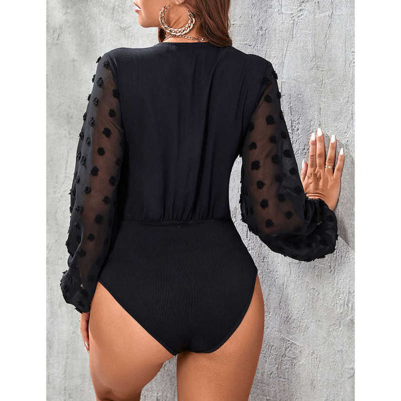 Black V Neck Splicing Swiss Dot Mesh Long Sleeve Bodysuit TQV220115-2