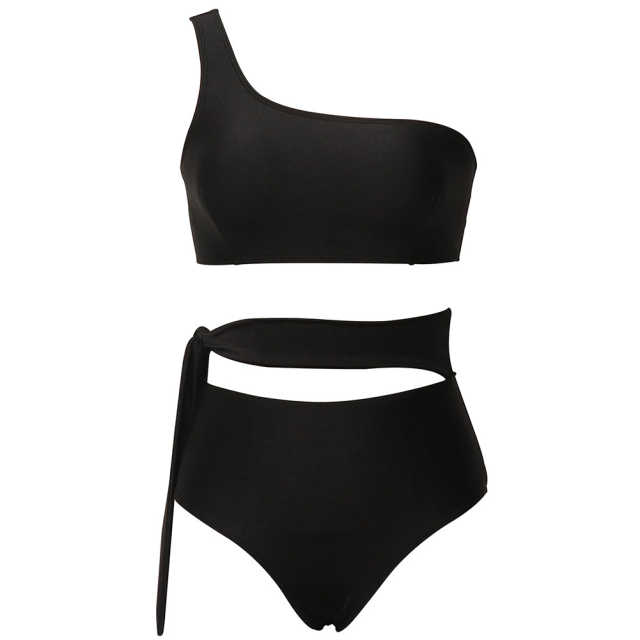 Black One Shoulder Tie Waist Bikini Swimwear TQK610297-2