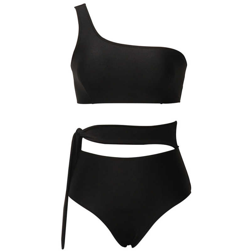 Black One Shoulder Tie Waist Bikini Swimwear TQK610297-2