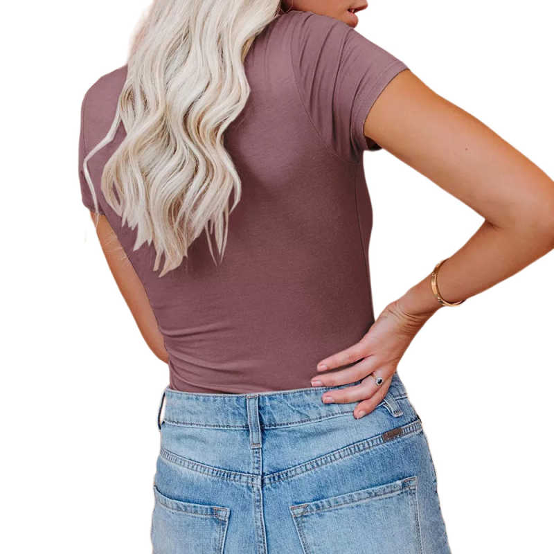 Rust Red Deep V Neck Short Sleeve Bodysuit TQK550252-33
