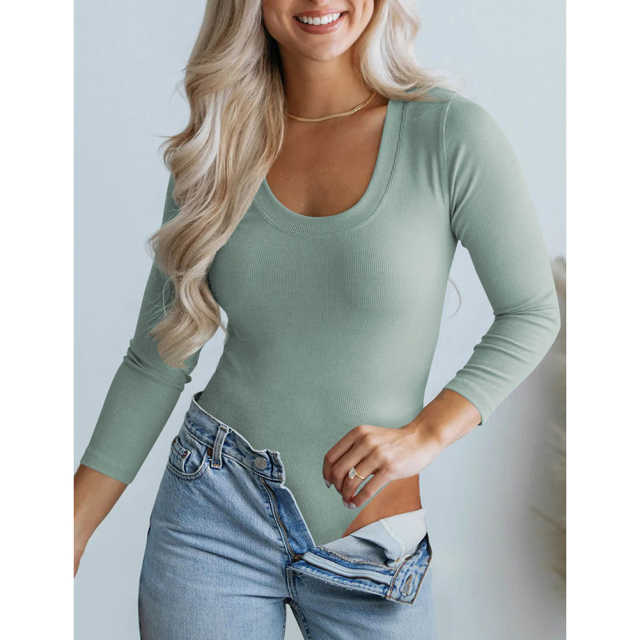 Greyish Green U Neck Ribbed Long Sleeve Bodysuit TQV220126-50