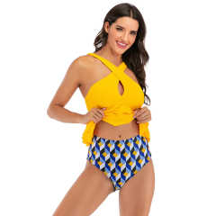 Yellow Geometric Print Bottom Cross Ruffled Tankini Set TQK610148-7