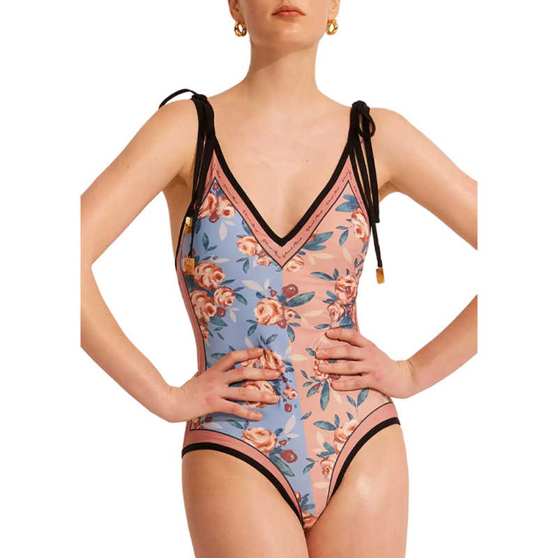 Pink Double Sided Printing V Neck One Piece Swimsuit TQX620039-10