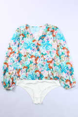 Sky Blue Floral Print Wrap Long Sleeve Bodysuit LC6421132-4