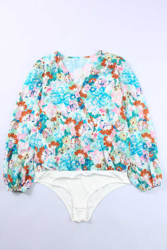 Sky Blue Floral Print Wrap Long Sleeve Bodysuit LC6421132-4