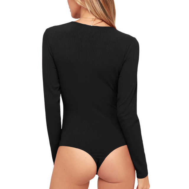 Black Lace V Neck Long Sleeve Bodysuit TQV220109-2