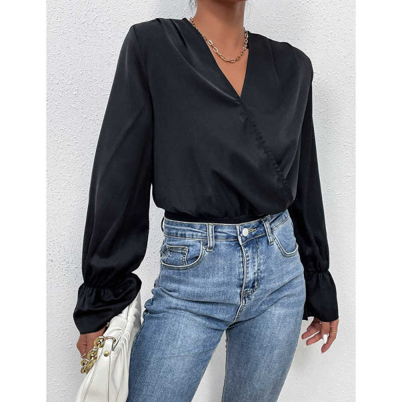 Black V Neck Wrap Long Sleeve Bodysuit TQV220137-2