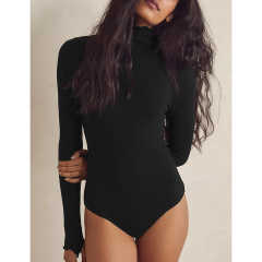 Black Ribbed High Collar Long Sleeve Bodysuit TQV220125-2