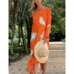 Tangerine Butterfly Print One Shoulder Irregular Beach Dress TQK650088-55