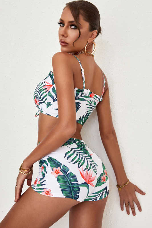 Green Tropical Print Lace-up Ruffled Spaghetti Strap Bikini Set LC432038-9