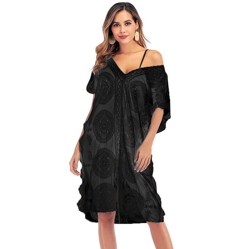 Black Mesh Embroidery Beach Cover up TQK650035-2