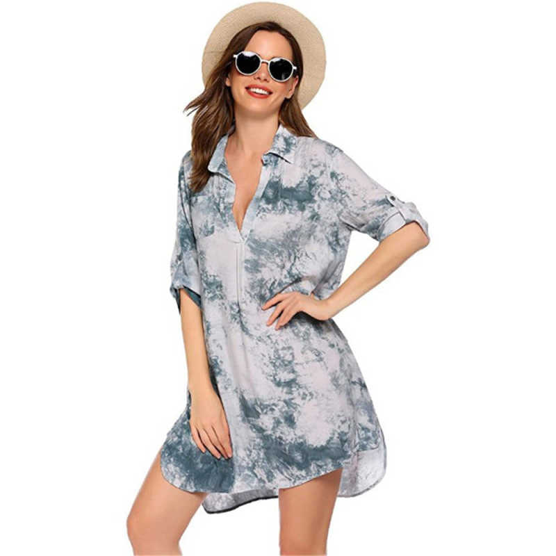 Gray Print Shirt Style Beach Cover Dress TQK650072-11