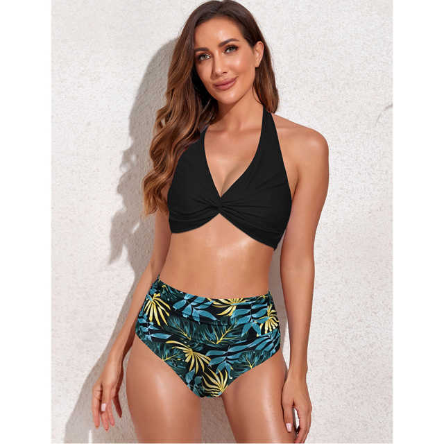 Black Front Twist with Green Bottom Bikini Swimsuit TQK610321-9