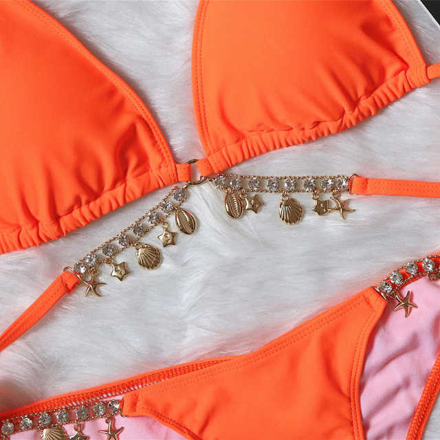 Orange Sexy Rhinestone Two-pieces Bikini Set TQK610324-14