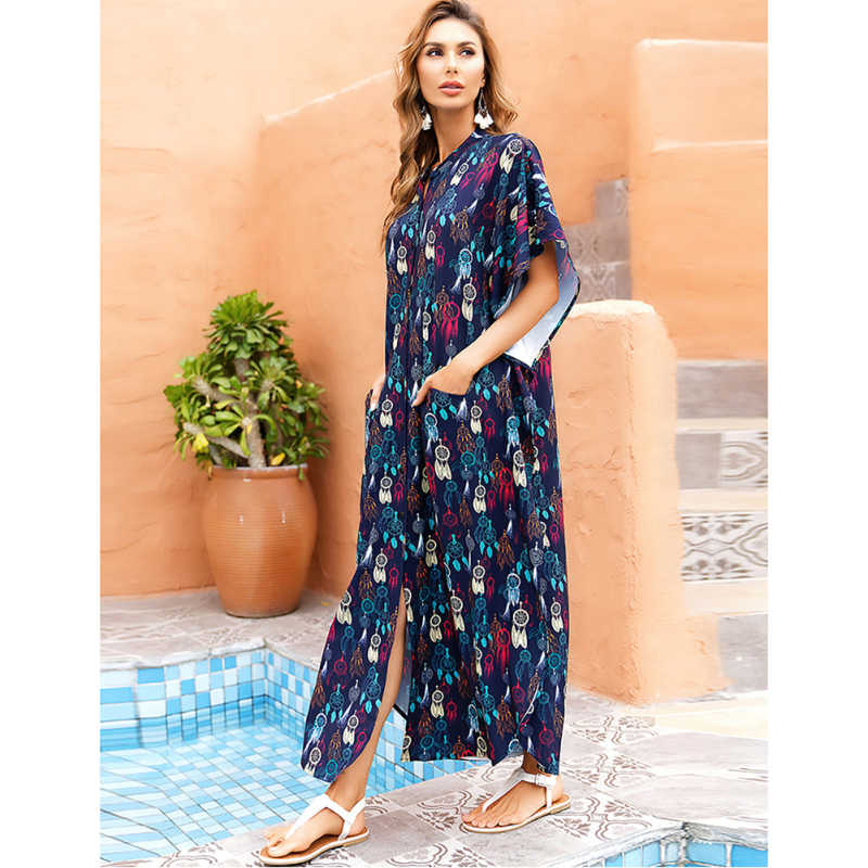 Dark Blue Button-down Holiday Beach Kimono Dress with Pocket TQK650094-16