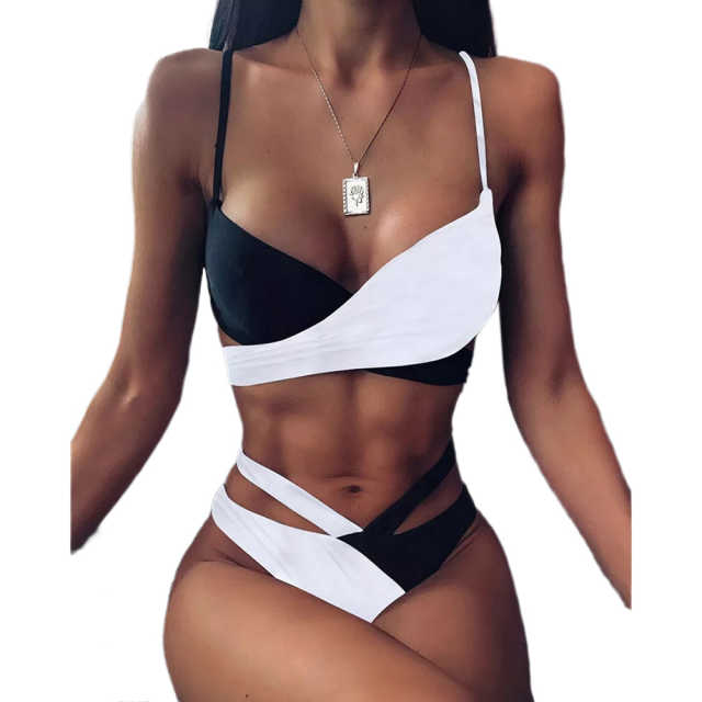 Black White Colorblock Cut-out  Bikini Set TQK610259-1