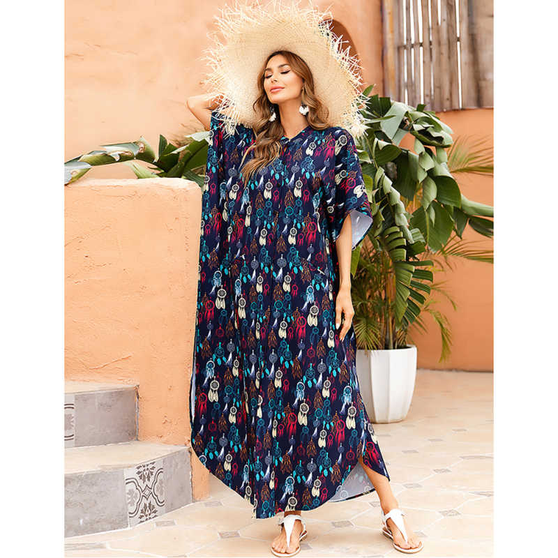 Dark Blue Button-down Holiday Beach Kimono Dress with Pocket TQK650094-16