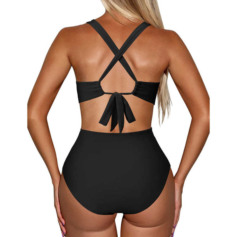Black Cross Front Tie Backless One-piece Swimwear TQK620159-2