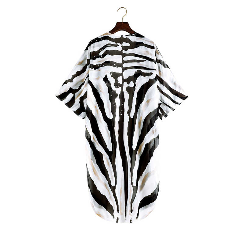 Black White Print Chiffon Kimono Beach Cover Up TQK650082-37