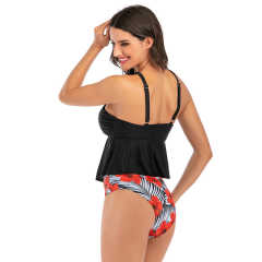 Black Floral Print Bottom Cross Ruffled  Tankini Set TQK610148-2