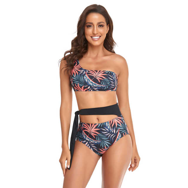 Red One Shoulder Tie Waist Bikini Swimwear TQK610297-3