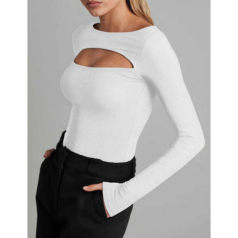 White Ribbed Cut-out Long Sleeve Bodysuit TQV220110-1