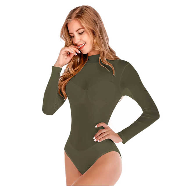 Army Green Sheer Mesh High Collar Long Sleeve Bodysuit TQK550286-27