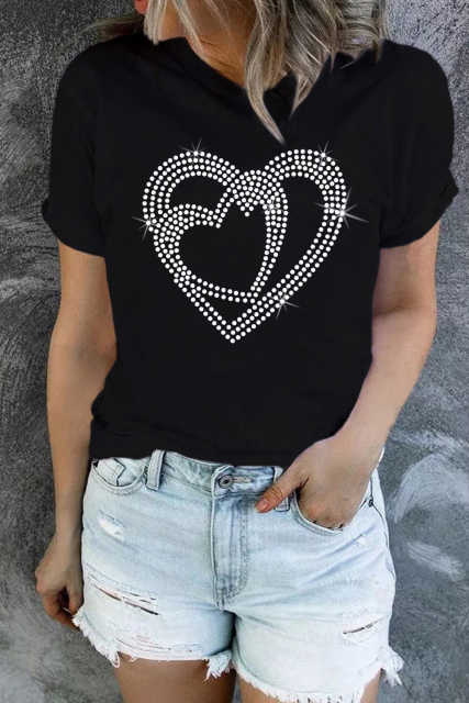 Black Shining Heart Pattern Valentines T Shirt LC25219498-2