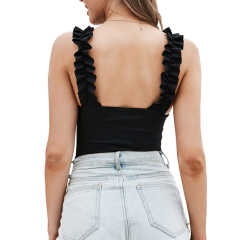 Black Rib Ruffled Sleeveless Square Neck Bodysuit TQX551129-2