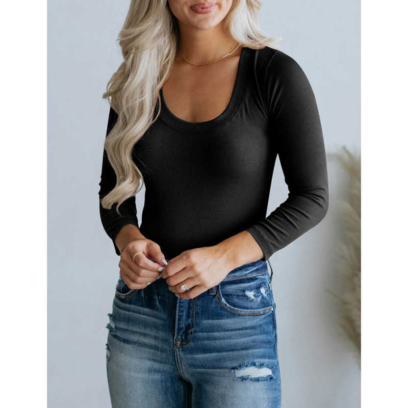 Black U Neck Ribbed Long Sleeve Bodysuit TQV220126-2