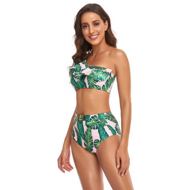 Green Printed One Shoulder Ruffle Bikini Swimwear TQK610299-9