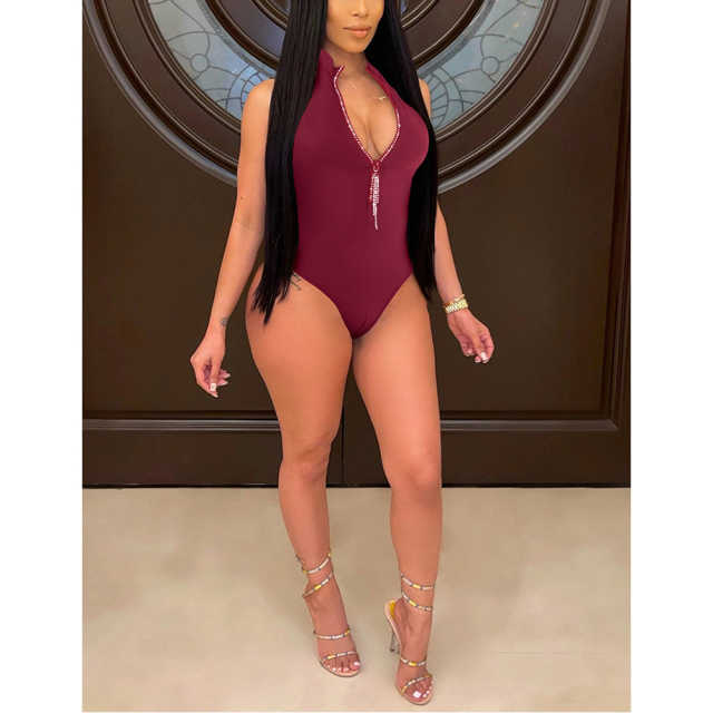 Red Diamond Tassel Zipper Sleeveless Bodysuit TQV250001-3