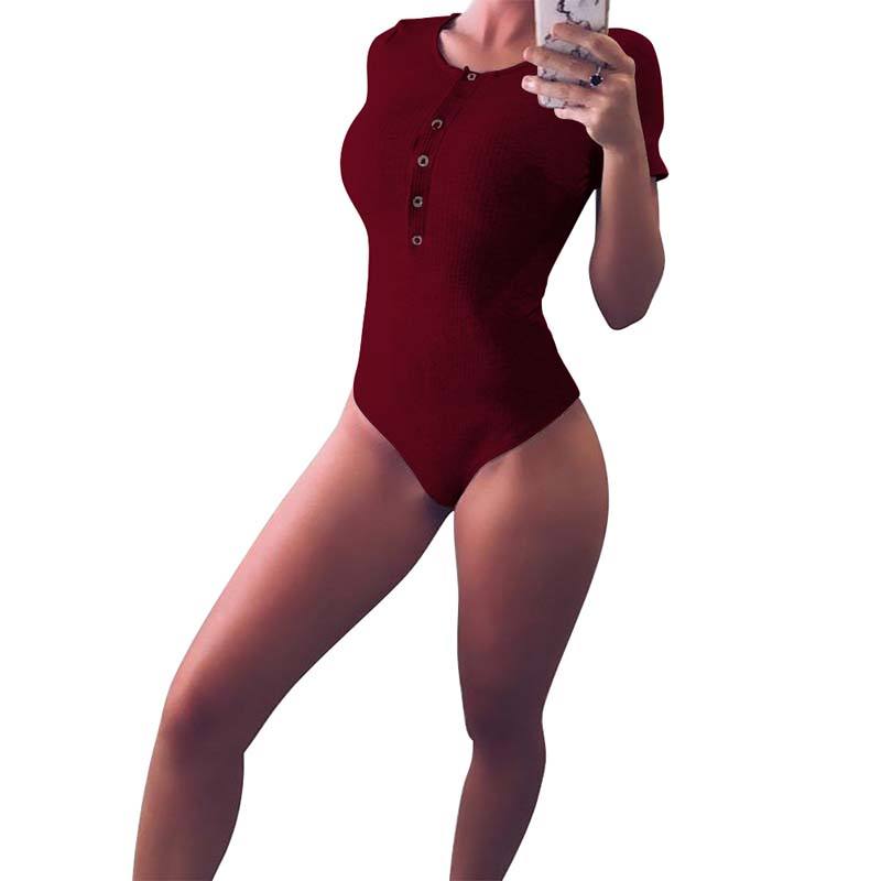 Wine Red Button Down Short Sleeve Bodysuit TQK550040-103